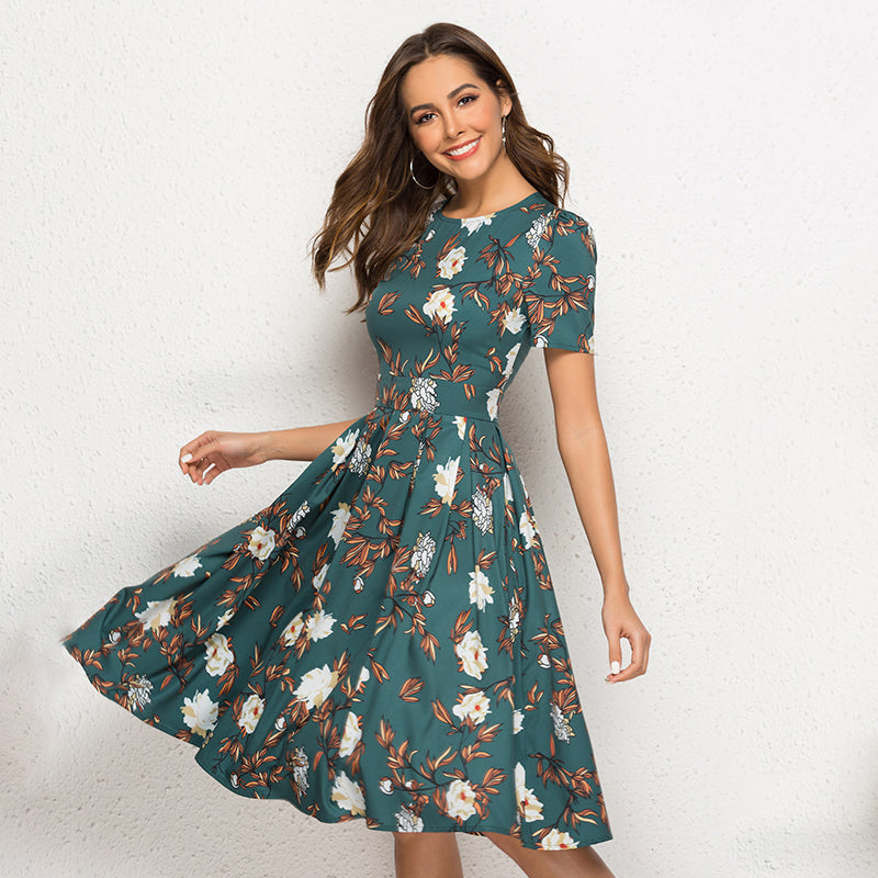 Teal Floral Print Midi Dress