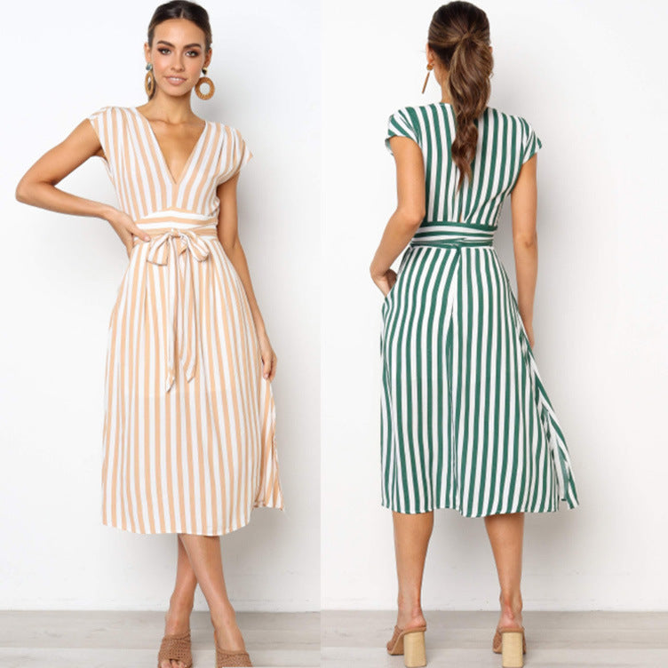 Striped V-Neck Midi Dress