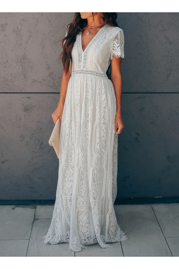 Lace Maxi Dress with Ruffle Sleeves