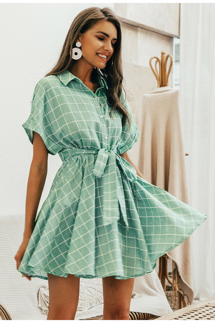 Mint Green Checkered Print Shirt Dress