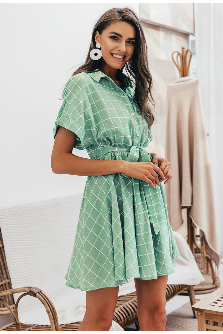 Mint Green Checkered Print Shirt Dress