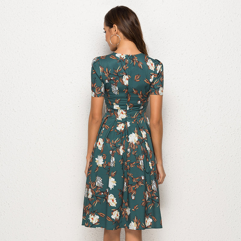 Teal Floral Print Midi Dress