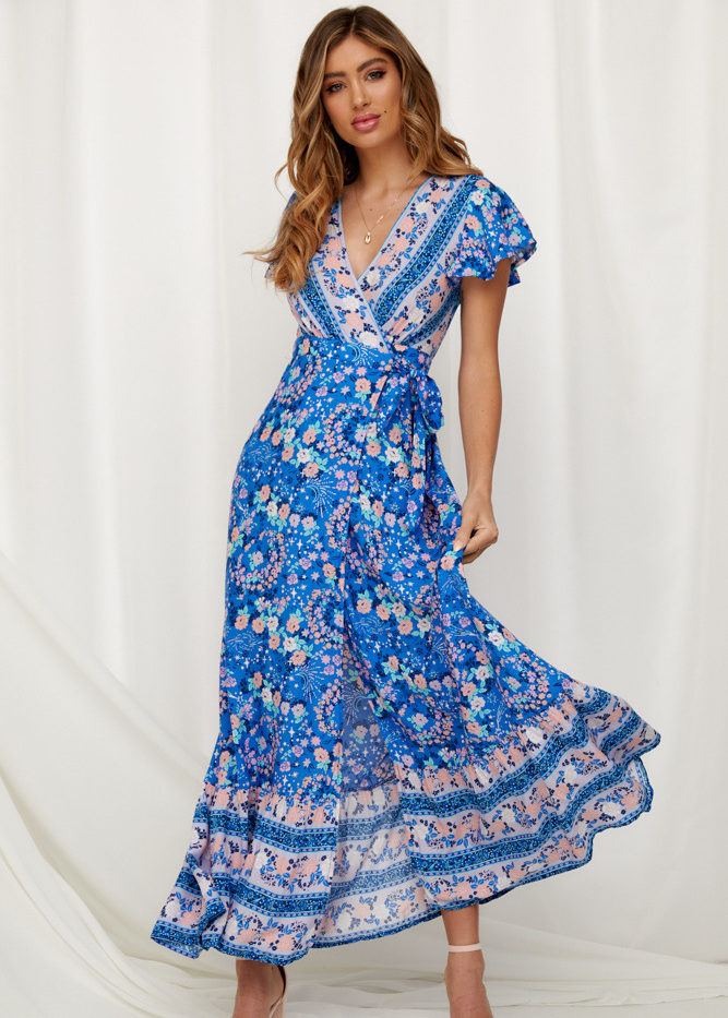 V-Neck Boho Maxi Dress with Slit