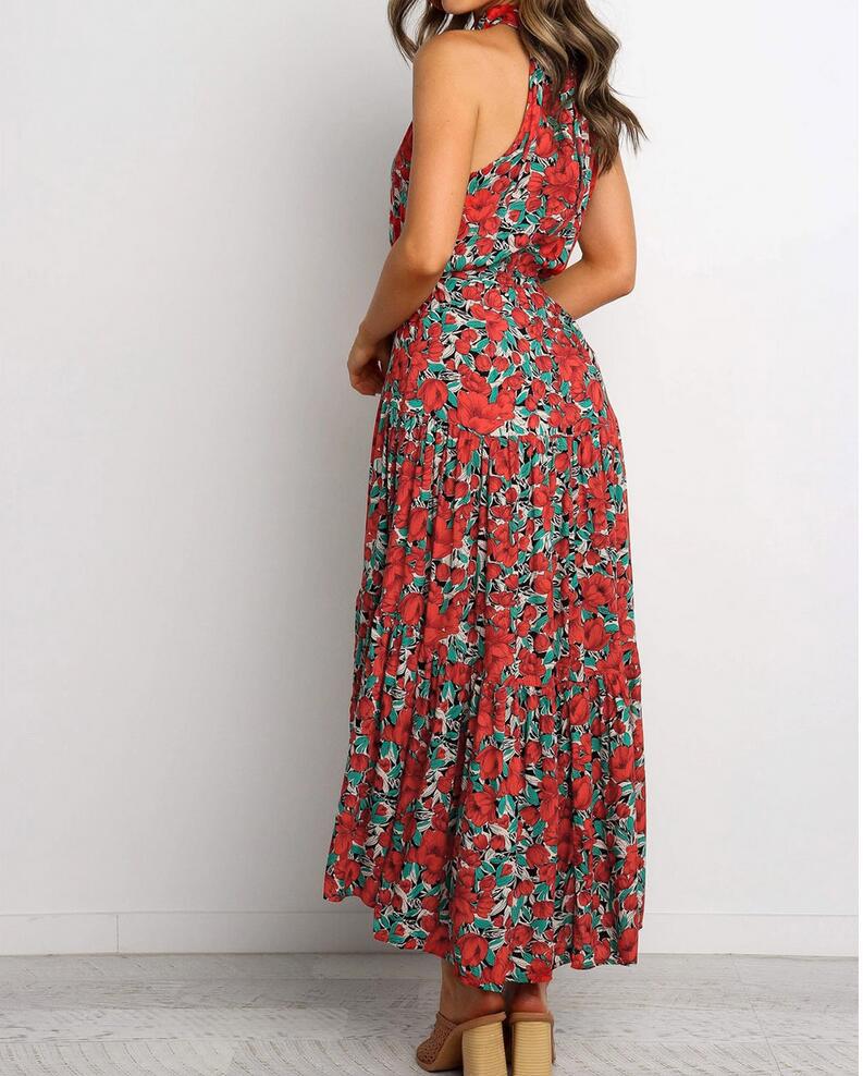 Floral Halter Pleated Maxi Dress