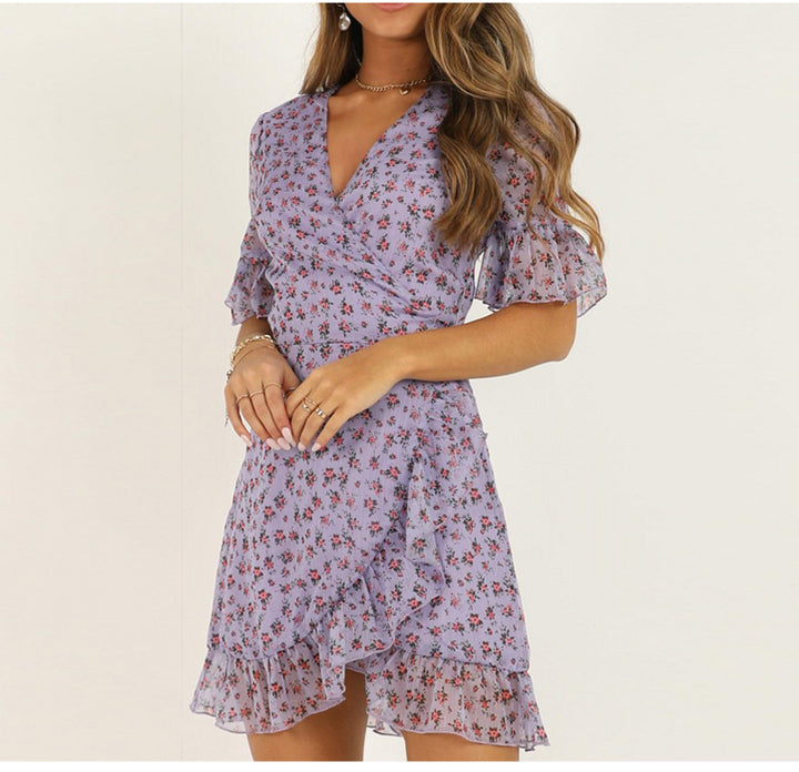 Purple Ruffled Floral Print Mini Dress