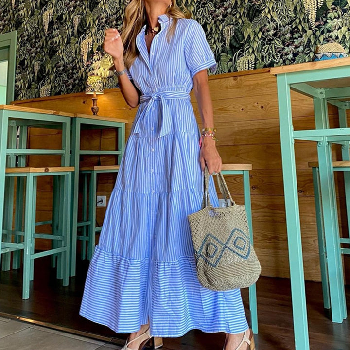 Blue Striped Maxi Tiered Shirt Dress