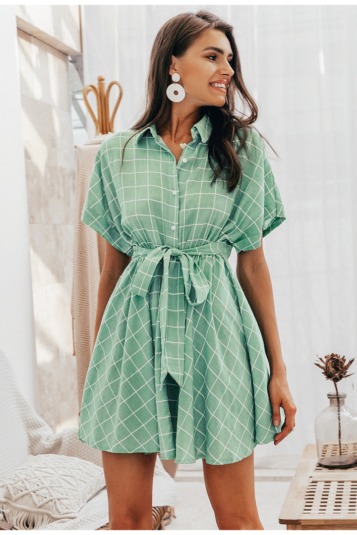 Mint Green Checkered Print Shirt Dress