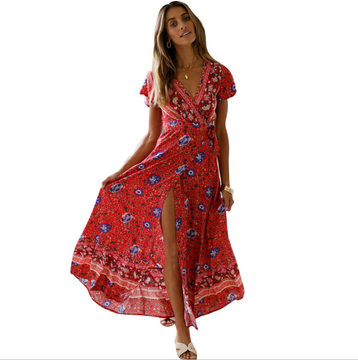 V-Neck Boho Maxi Dress with Slit