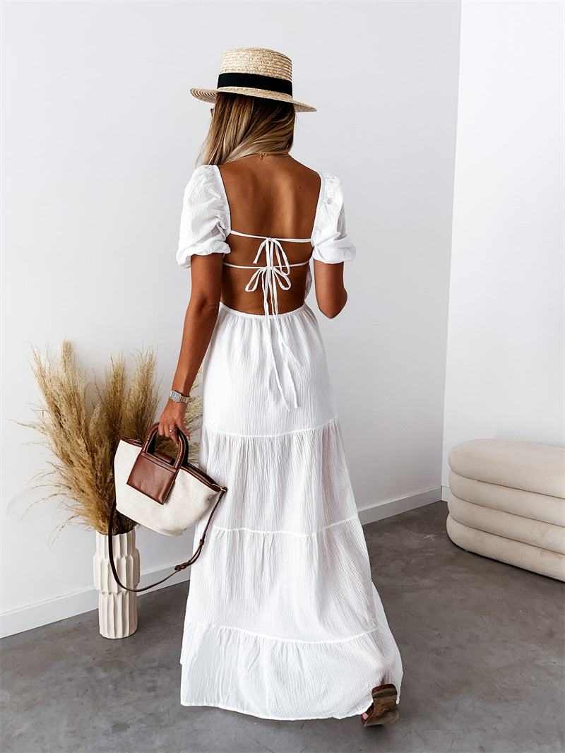 Off the Shoulder Open-Back Tiered Maxi Dress