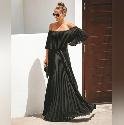 Off Shoulder Pleated Maxi Dress