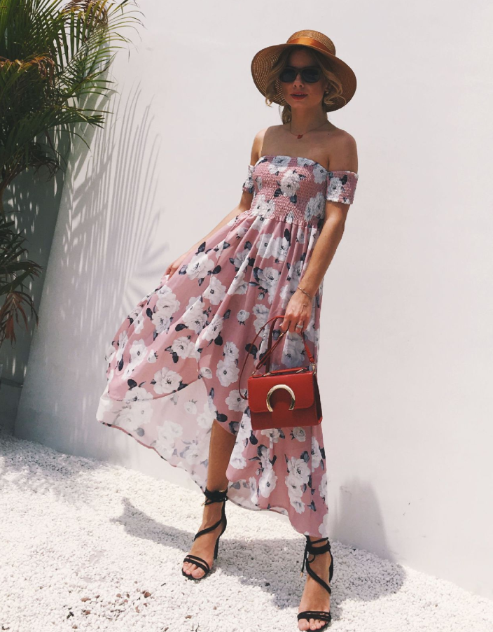 White Poppy Off Shoulder Pink Maxi Dress