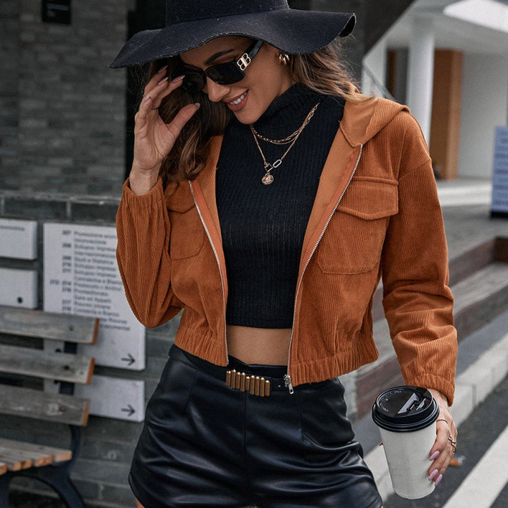 Cropped Hooded Corduroy Jacket