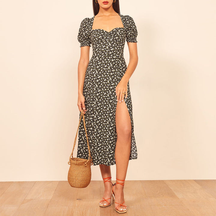 Square Neck Short Puff Sleeve Midi Dress with Slit