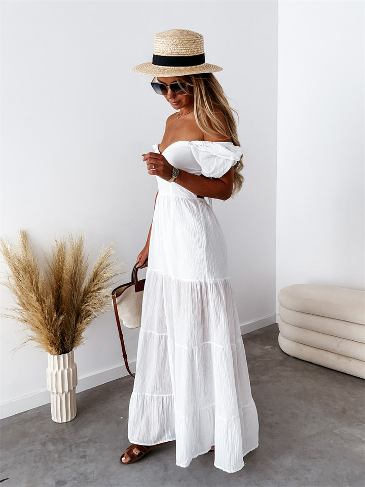 Off the Shoulder Open-Back Tiered Maxi Dress