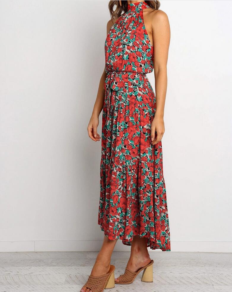 Floral Halter Pleated Maxi Dress