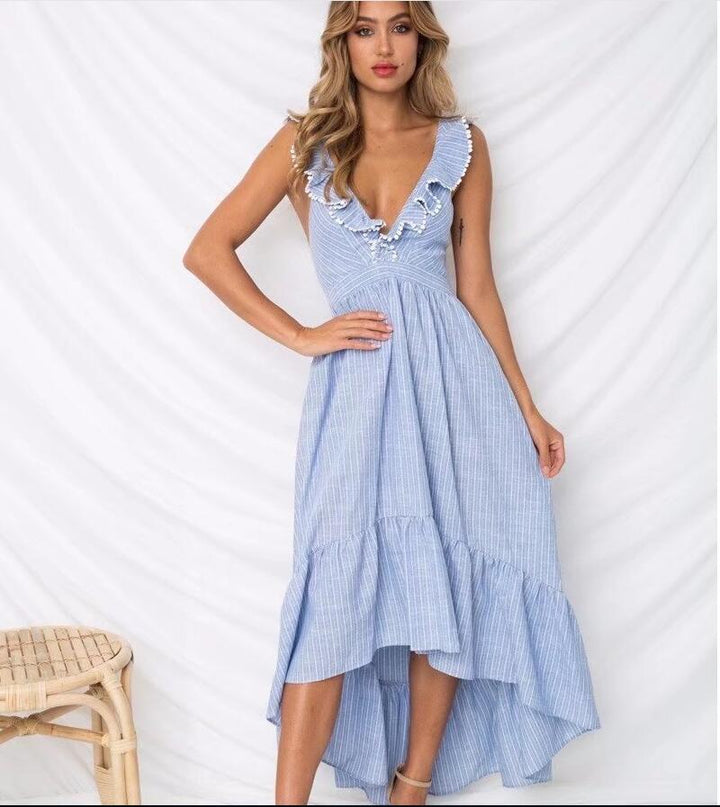 Strappy-back Pinstripe V-Neck Sleeveless Midi Dress