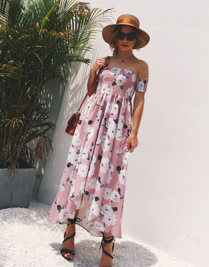 White Poppy Off Shoulder Pink Maxi Dress