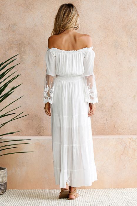 Off Shoulder White Tiered Maxi Dress with Lace Bell Sleeves