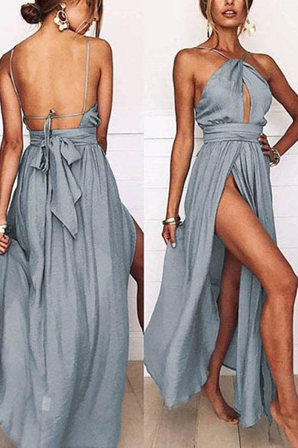 Cut Out Open Back Halter Top Maxi Dress with Slit