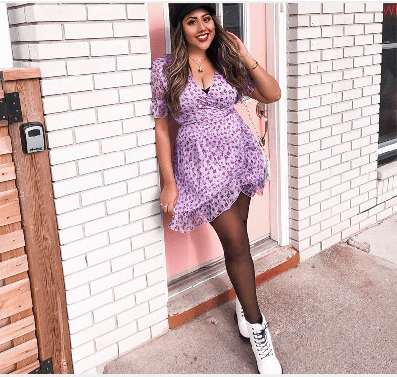 Purple Ruffled Floral Print Mini Dress