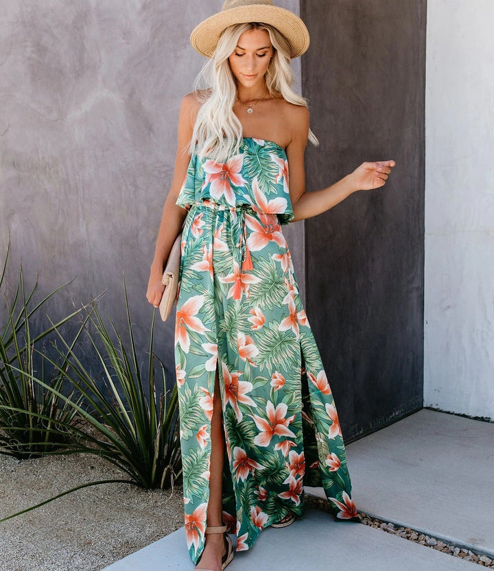 Tropical Print Strapless Maxi Dress with Slit