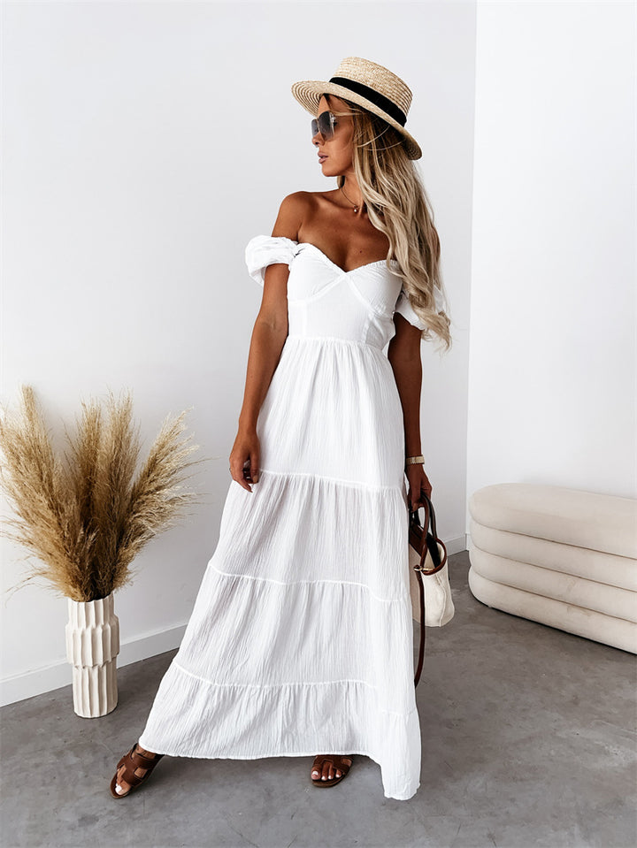 Off the Shoulder Open-Back Tiered Maxi Dress