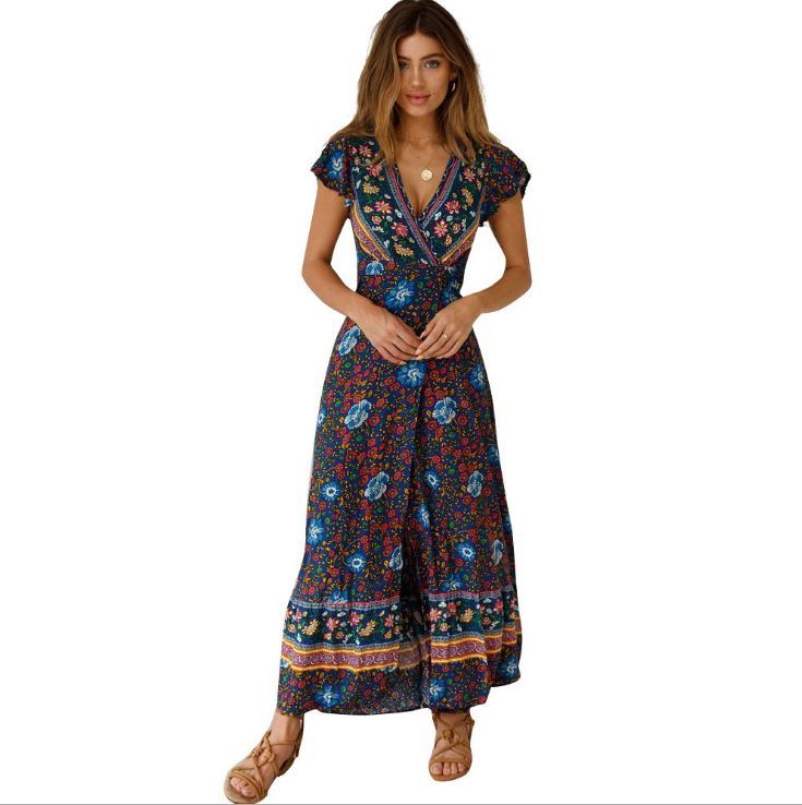 V-Neck Boho Maxi Dress with Slit