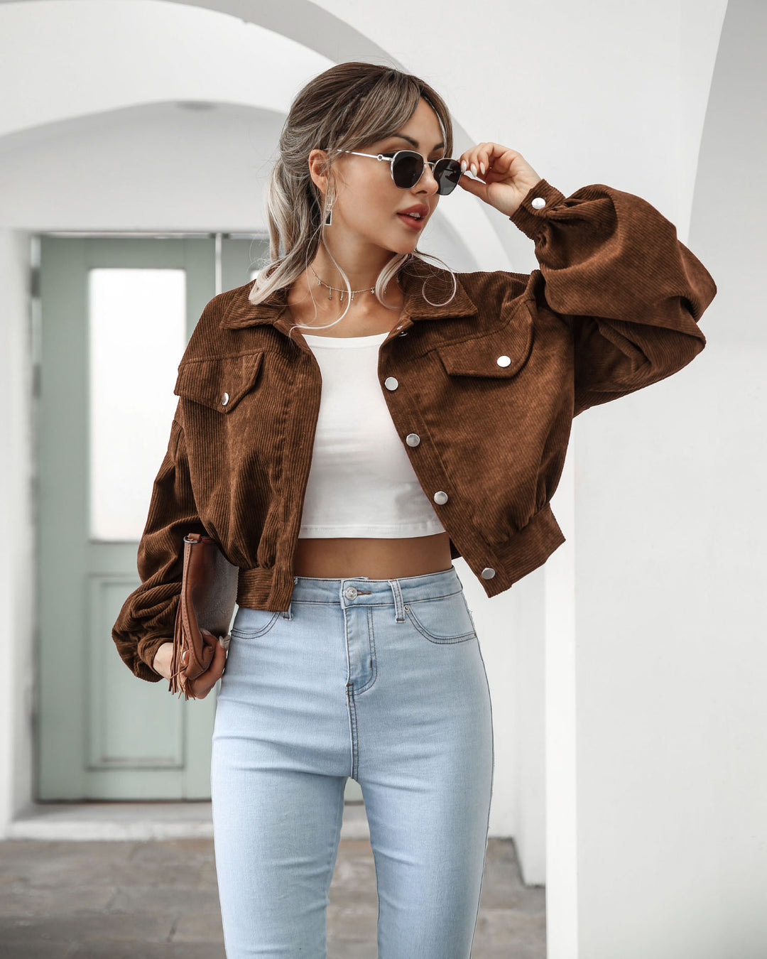 Cropped Corduroy Jacket with Lantern Sleeves