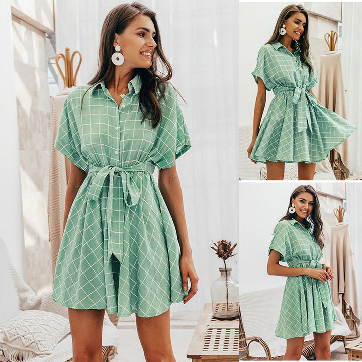 Mint Green Checkered Print Shirt Dress