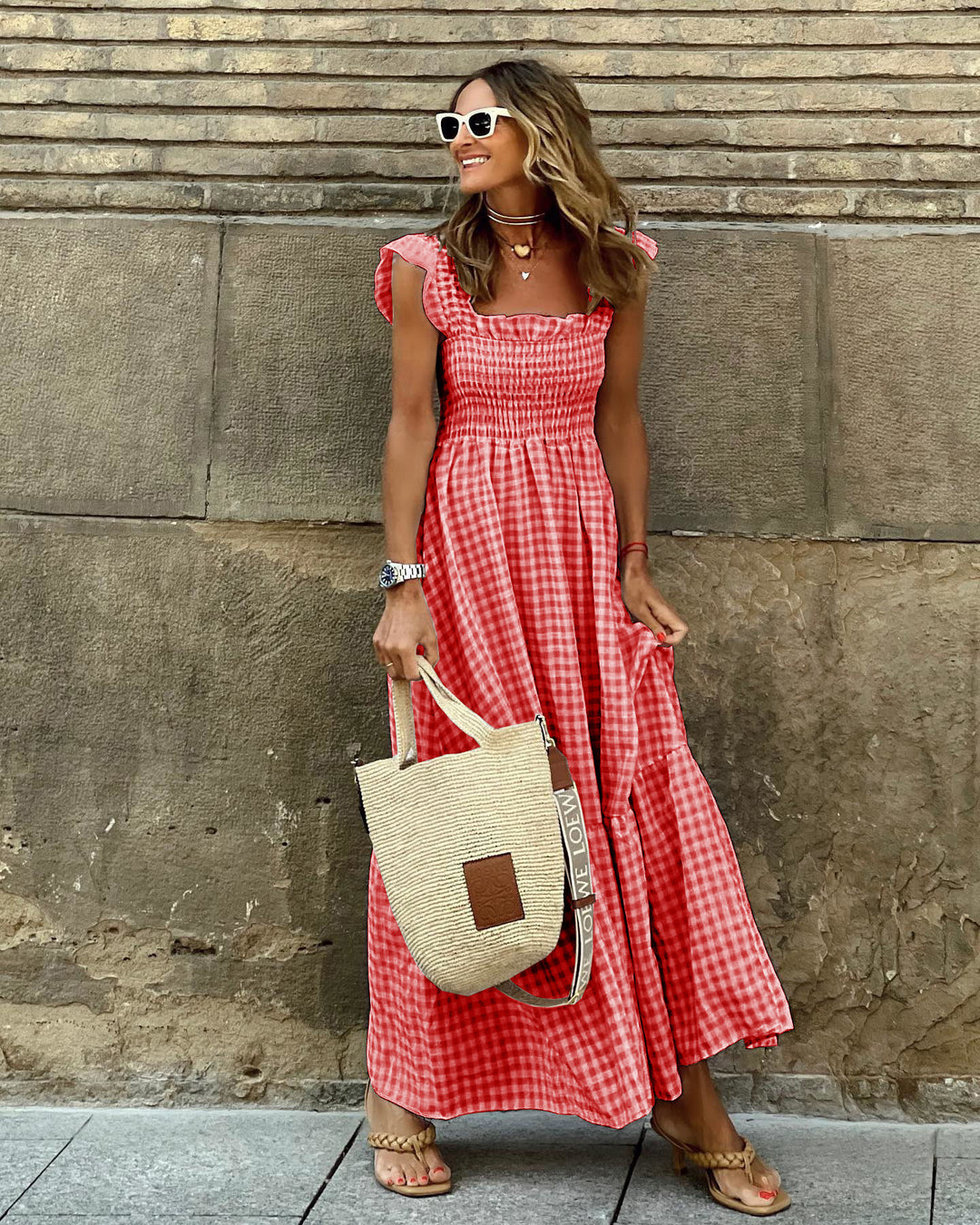 Gingham Print Maxi Dress