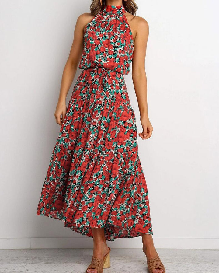 Floral Halter Pleated Maxi Dress