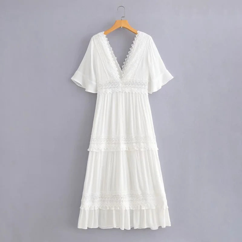 Elegant White Open-Back Stitch Lace Tiered Maxi Dress