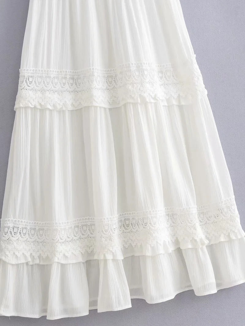 Elegant White Open-Back Stitch Lace Tiered Maxi Dress