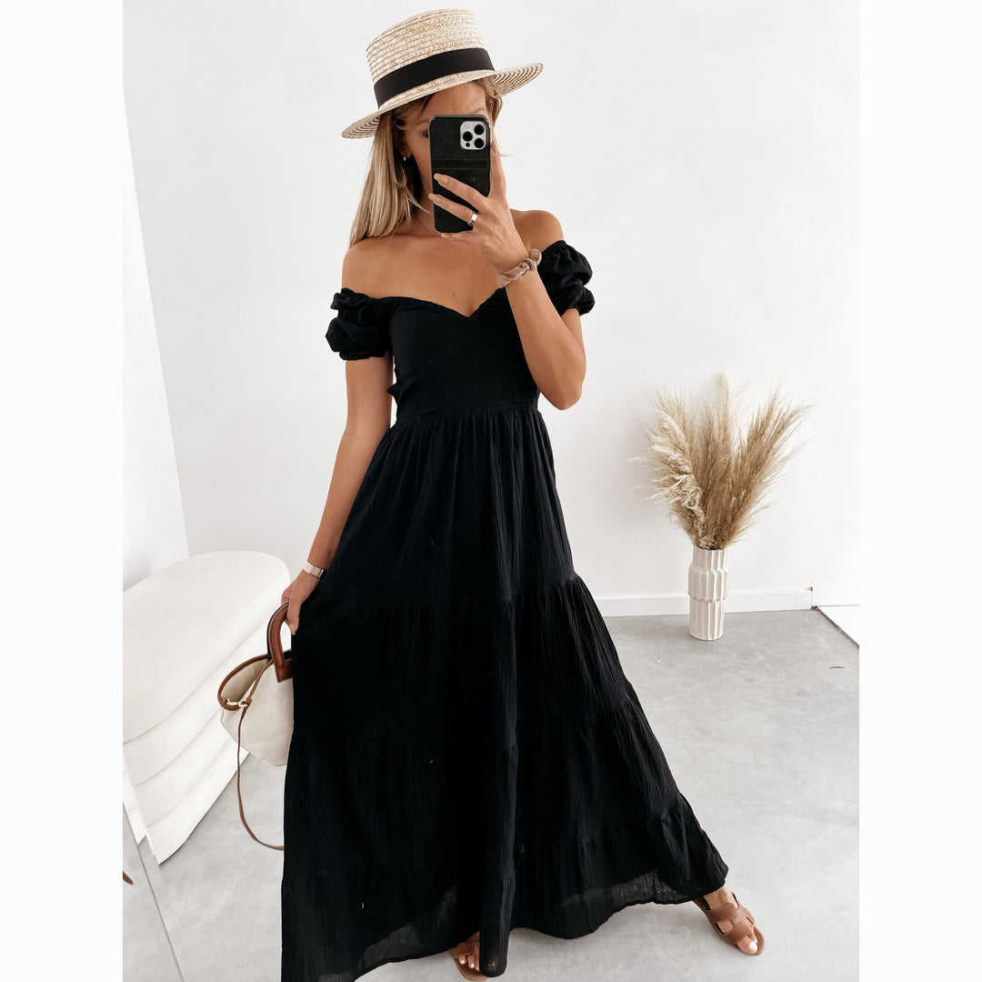 Off the Shoulder Open-Back Tiered Maxi Dress