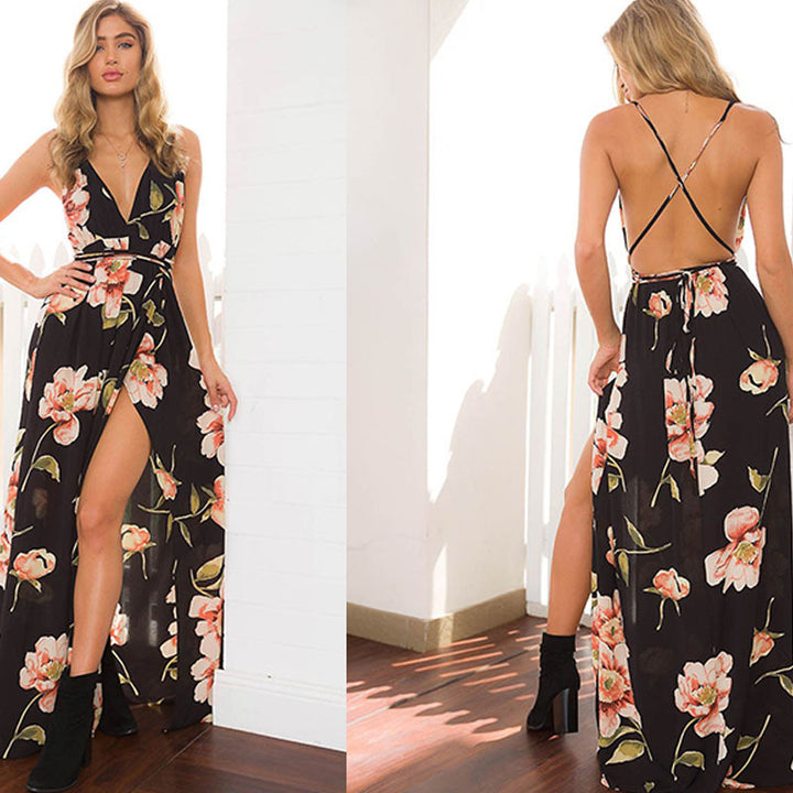 Backless Floral Halter Maxi Dress