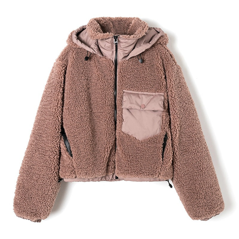 Paneled Rabbit Hair Fleece Hooded Jacket