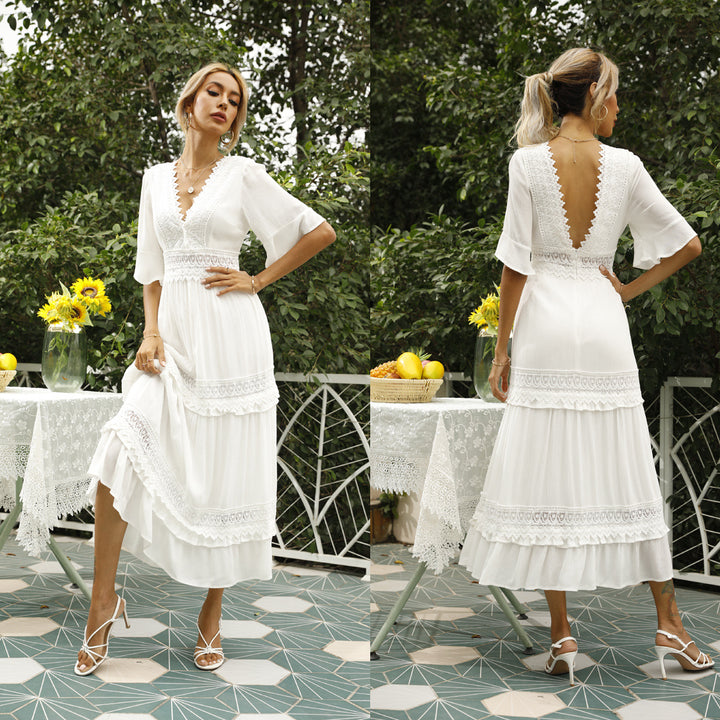 Elegant White Open-Back Stitch Lace Tiered Maxi Dress