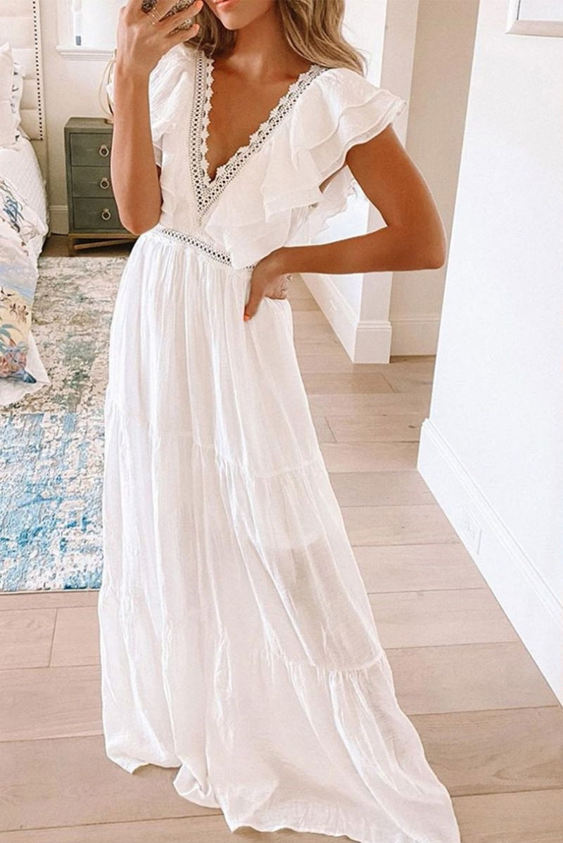 White Tiered Maxi Dress with Ruffled Collar and Sleeve