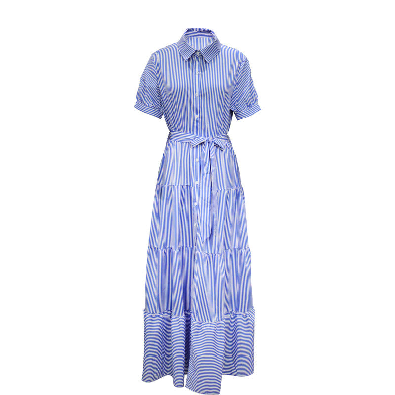 Blue Striped Maxi Tiered Shirt Dress