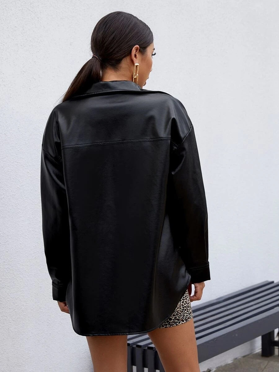 Oversize Vegan Leather Shirt Jacket